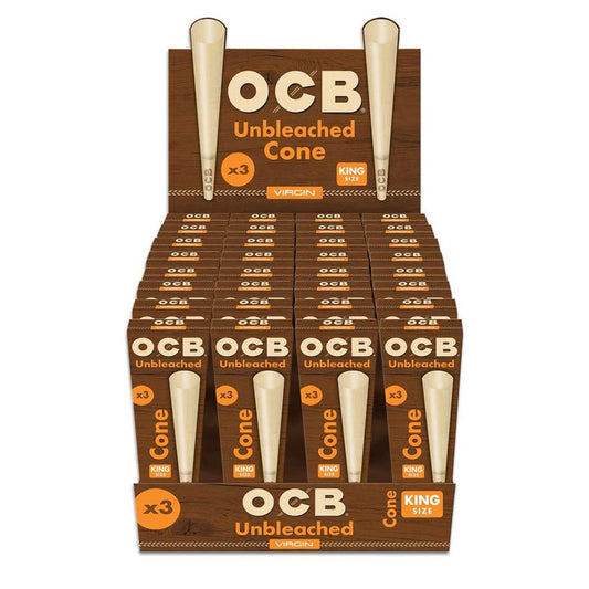 OCB  Cone Unbleached Virgin King size 3 Cones Per Pack, 32 Packs Per Box