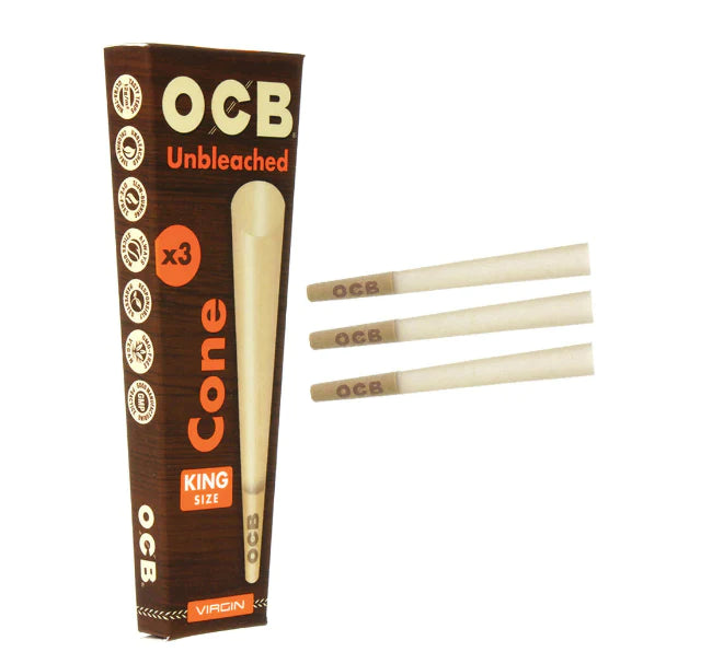 OCB Cone Unbleached Virgin King size 3 Cones Per Pack, 32 Packs Per Box