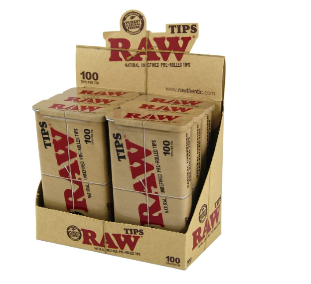 RAW PRE-ROLLED TIPS 100 TIPS PER TIN 6 TIN PER BOX