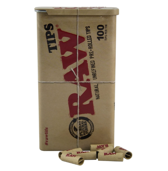 RAW PRE-ROLLED TIPS 100 TIPS PER TIN 6 TIN PER BOX